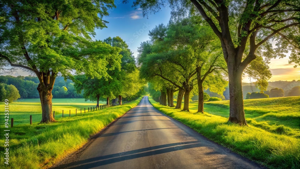 Empty road surrounded by lush green trees and grass in a serene and tranquil rural countryside setting Empty road surrounded by lush green trees and grass in a serene and tranquil rural countryside setting