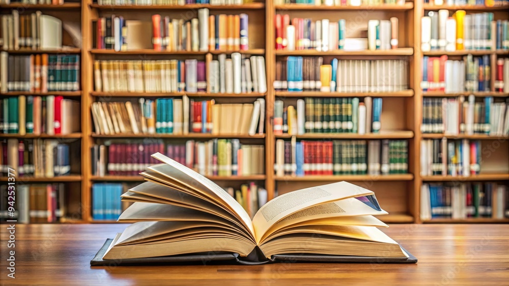 Open book surrounded by educational materials in a library setting Open book surrounded by educational materials in a library setting