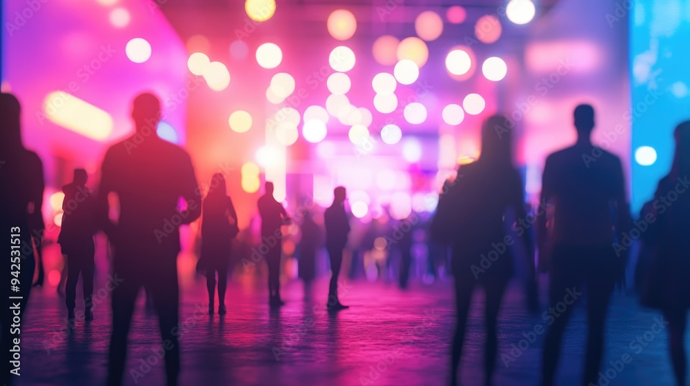 3D rendering of a trade show scene featuring visitors at a commercial exhibition designed with a defocused background for a bokeh effect 3D rendering of a trade show scene featuring visitors at a commercial exhibition designed with a defocused background for a bokeh effect