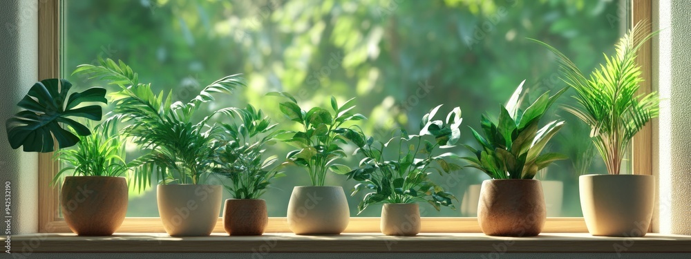 3D rendering of houseplants in a green home on a window sill with natural light in interior settings 3D rendering of houseplants in a green home on a window sill with natural light in interior settings