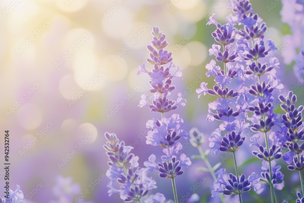 Obraz premium Lavender flowers field, soft focus. Beautiful Nature summer Background. Floral Natural Wallpaper with purple Lavender flowers , ai