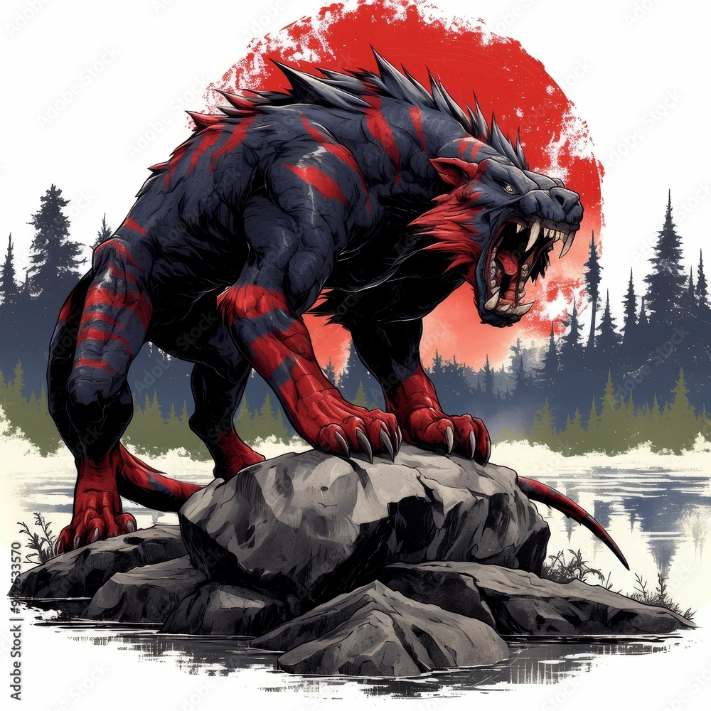 Obraz premium Red and Black Fanged Beast Roaring on Rocks by Water
