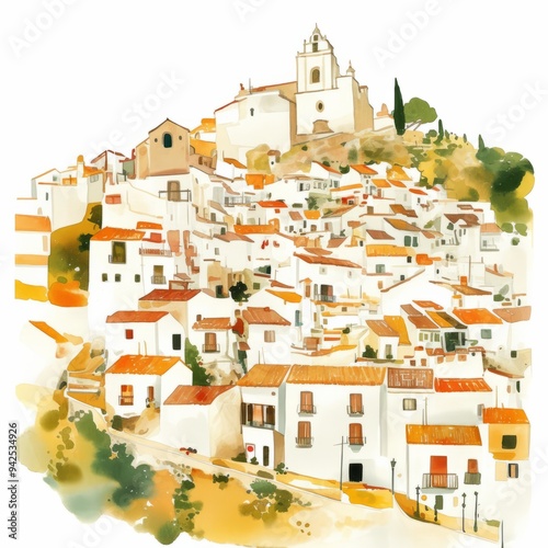 watercolor painting of a Spanish village with whitewashed buildings and narrow streets, on isolated white background