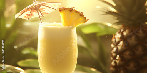 Pina colada with pineapple slice and maraschino cherry photo