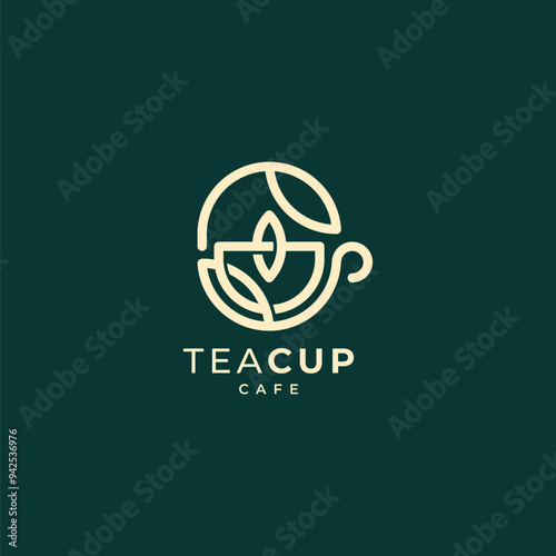 cup with tea leaves for beverage, teahouse and cafe logos