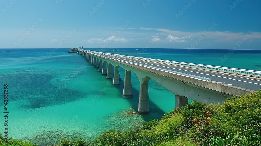 Scenic View of Okinawa Bridge in Japan, Featuring a Majestic Architectural Structure Against a Beautiful Natural Backdrop, Showcasing the Unique Beauty and Engineering of the Region Scenic View of Okinawa Bridge in Japan, Featuring a Majestic Architectural Structure Against a Beautiful Natural Backdrop, Showcasing the Unique Beauty and Engineering of the Region