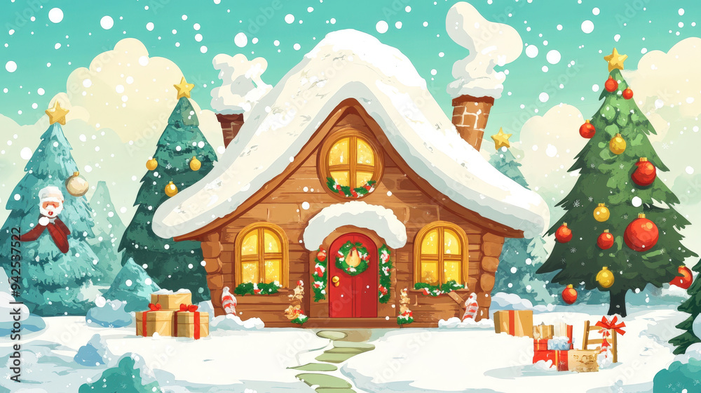 Cozy winter scene featuring charming wooden house adorned with festive decorations, surrounded by snow covered trees and gifts, evoking joyful holiday spirit. Cozy winter scene featuring charming wooden house adorned with festive decorations, surrounded by snow covered trees and gifts, evoking joyful holiday spirit.