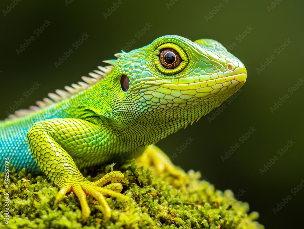 Vibrant green lizard perched on moss, showcasing intricate scales and curious expression. Vibrant green lizard perched on moss, showcasing intricate scales and curious expression.