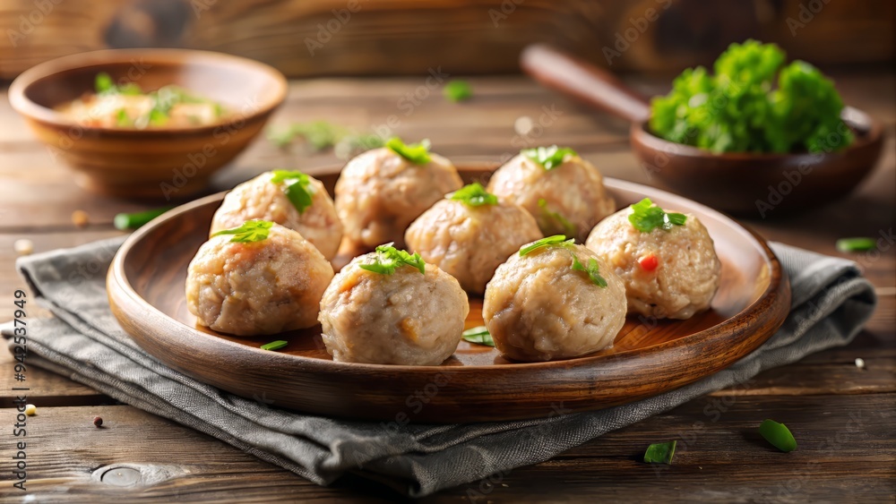 serene morning light softly illuminates delicate pork balls against muted earthy-toned backgrounds subtle shadows emphasize tender bites serene morning light softly illuminates delicate pork balls against muted earthy-toned backgrounds subtle shadows emphasize tender bites