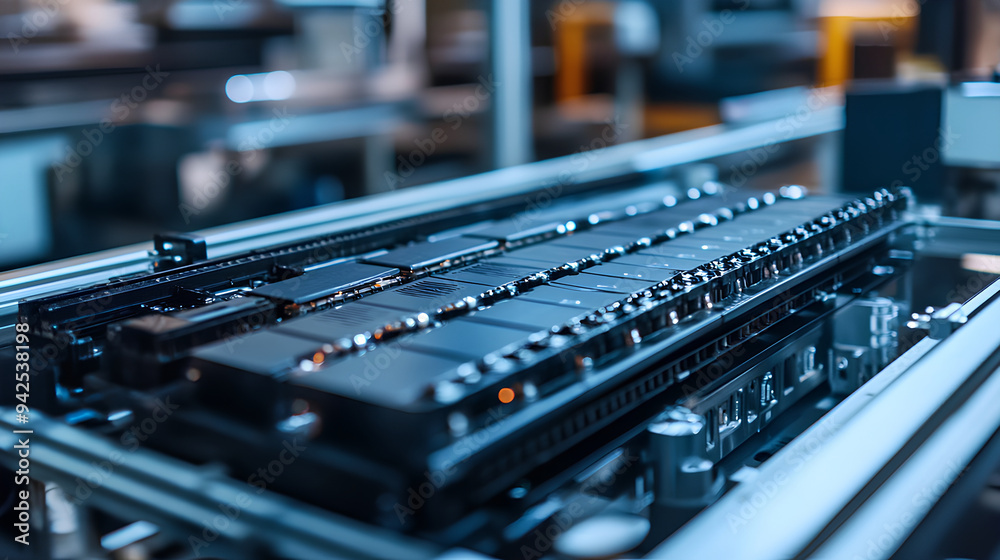 Mass production assembly line of electric vehicle battery cells close-up view Mass production assembly line of electric vehicle battery cells close-up view