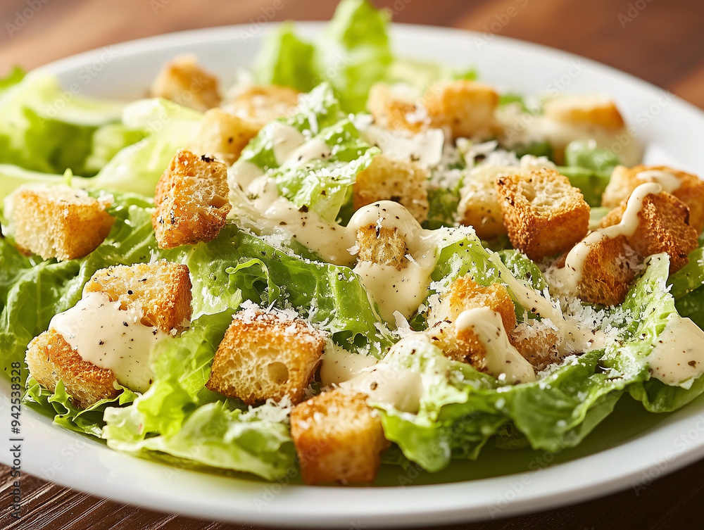 A Classic Caesar Salad With Romaine Lettuce, Croutons, Parmesan Cheese, And Caesar Dressing A Classic Caesar Salad With Romaine Lettuce, Croutons, Parmesan Cheese, And Caesar Dressing