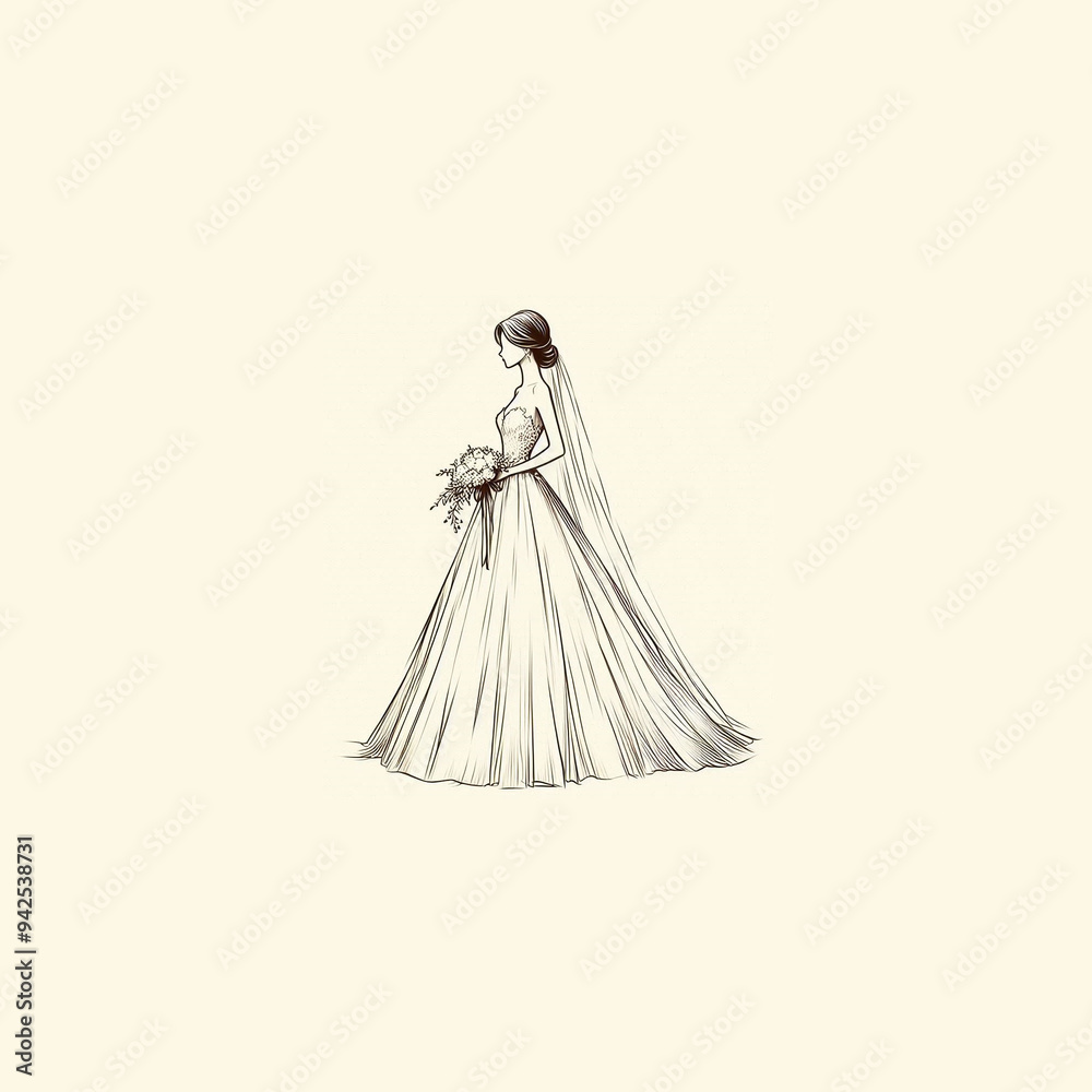 Draw a side view of a bride holding a bouquet using black lines. Draw a side view of a bride holding a bouquet using black lines.