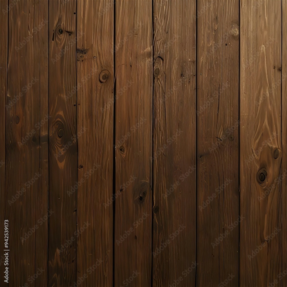 Naklejka premium Close-up view of dark-stained wood planks with rich grain patterns and knots, exuding natural rustic charm.