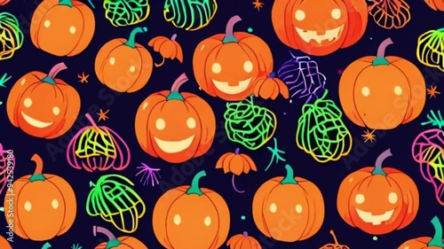 abstract neon pattern of bright multicolored haloween pumpkins background, motion