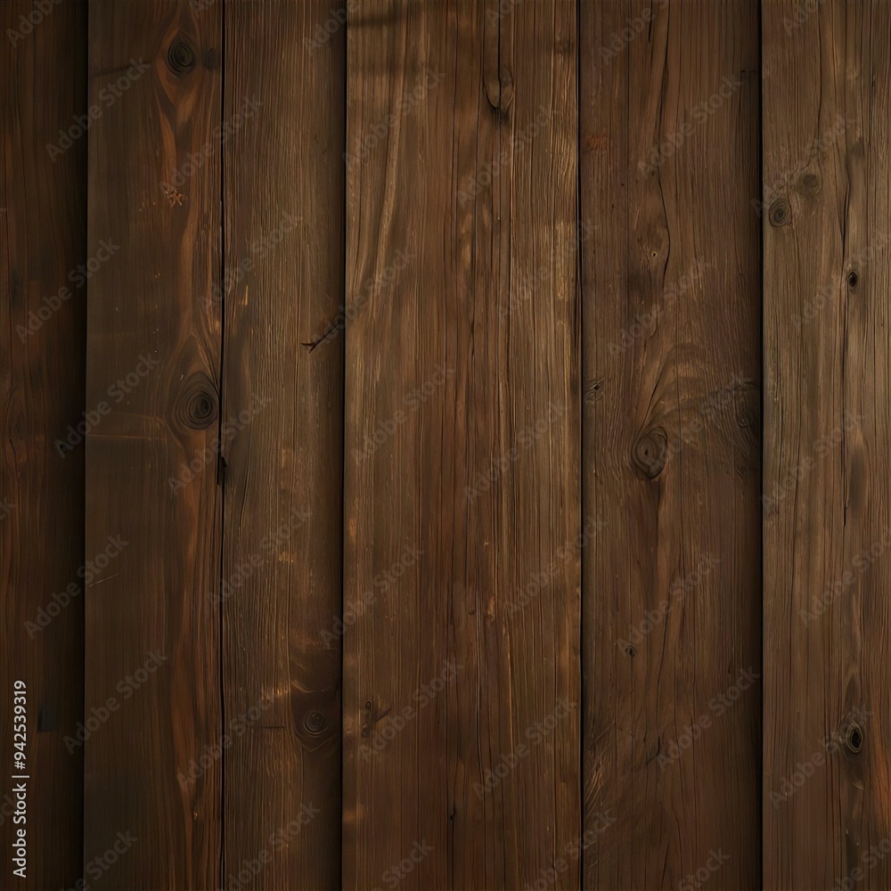 Close-up view of dark-stained wood planks with rich grain patterns and knots, exuding natural rustic charm. Close-up view of dark-stained wood planks with rich grain patterns and knots, exuding natural rustic charm.