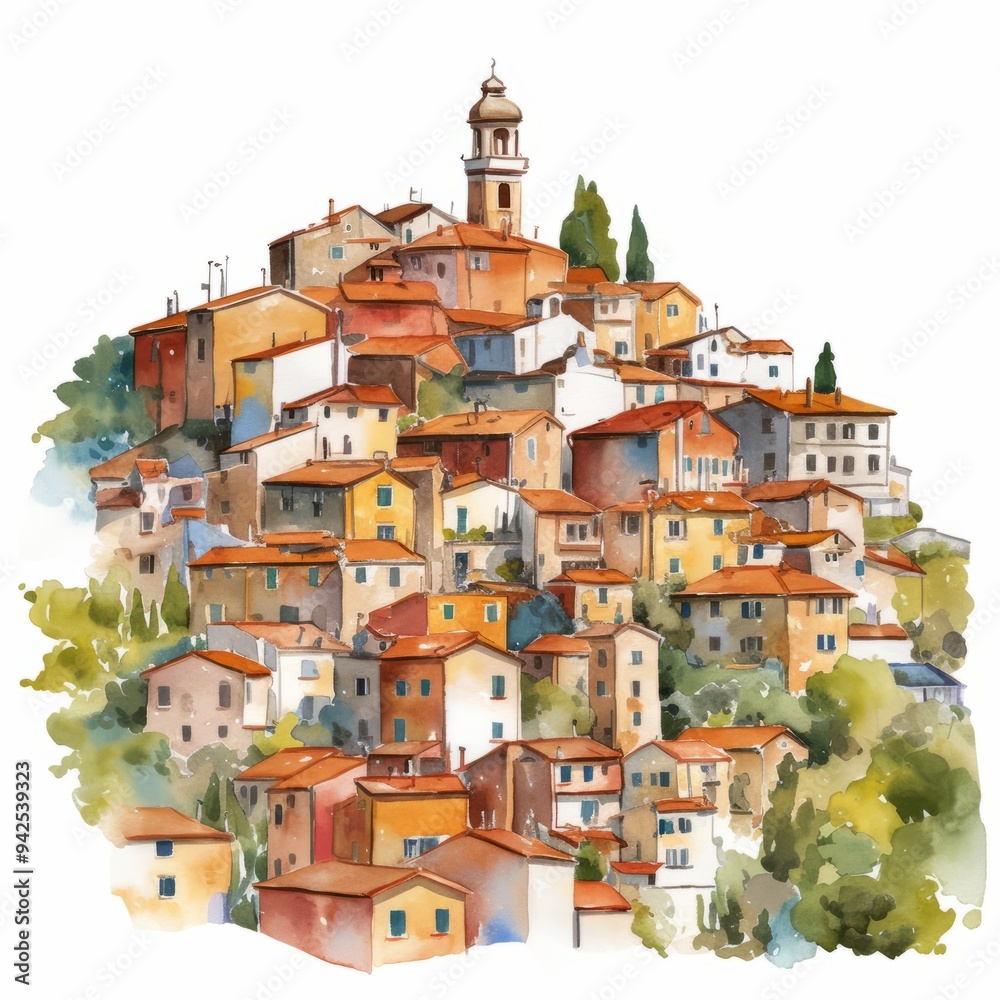 watercolor painting of an Italian village perched on a hillside with terracotta rooftops, on isolated white background watercolor painting of an Italian village perched on a hillside with terracotta rooftops, on isolated white background