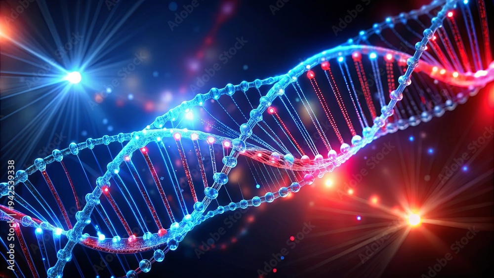 Abstract DNA structure with glowing blue and red lights for futuristic and scientific concepts Abstract DNA structure with glowing blue and red lights for futuristic and scientific concepts