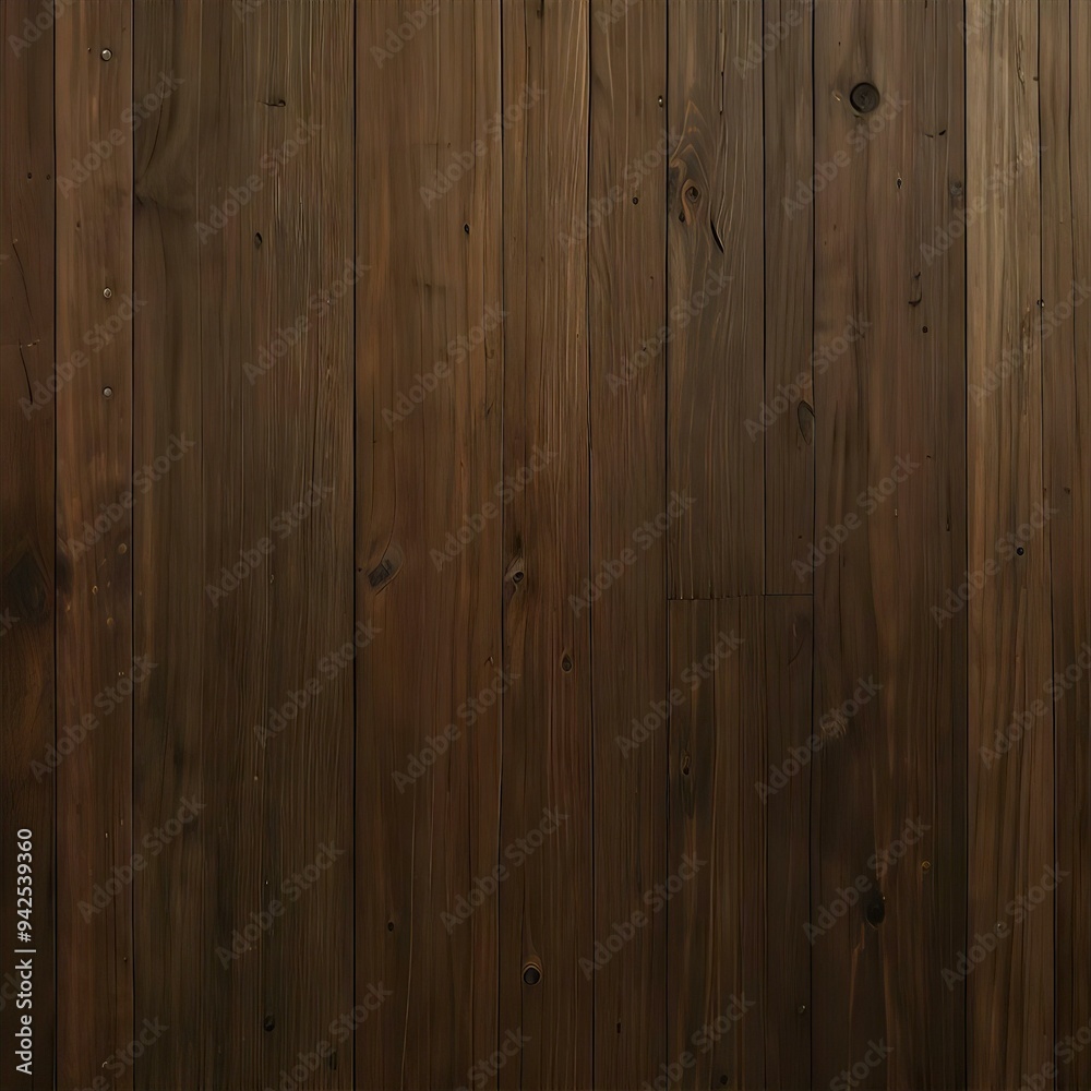 Naklejka premium Close-up view of dark-stained wood planks with rich grain patterns and knots, exuding natural rustic charm.