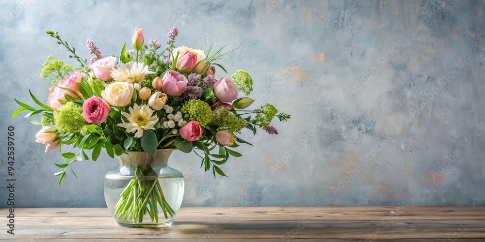 Floral spring arrangement mockup with a vase of blooming flowers and greenery, perfect for home decor or event planning Floral spring arrangement mockup with a vase of blooming flowers and greenery, perfect for home decor or event planning
