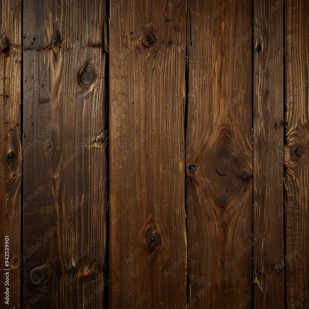 Close-up view of dark-stained wood planks with rich grain patterns and knots, exuding natural rustic charm. Close-up view of dark-stained wood planks with rich grain patterns and knots, exuding natural rustic charm.
