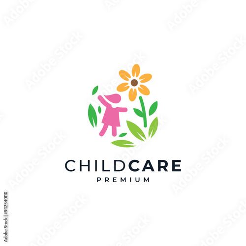 girls playing in flower garden for playground, child care, education and orphanage logo