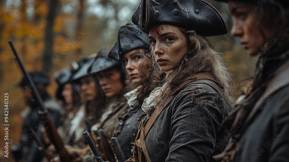 Fototapeta premium Determined Female Soldiers Preparing in a Woodland Battlefield