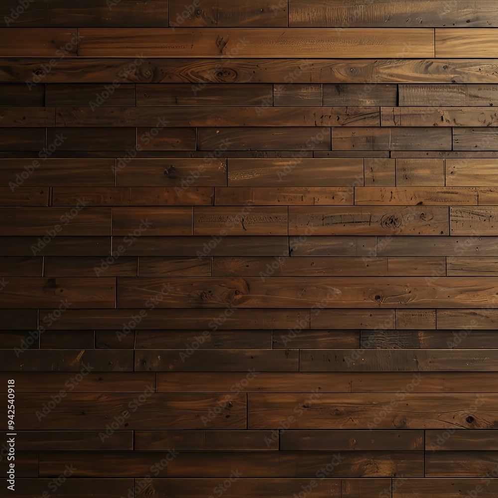 Close-up view of dark-stained wood planks with rich grain patterns and knots, exuding natural rustic charm. Close-up view of dark-stained wood planks with rich grain patterns and knots, exuding natural rustic charm.