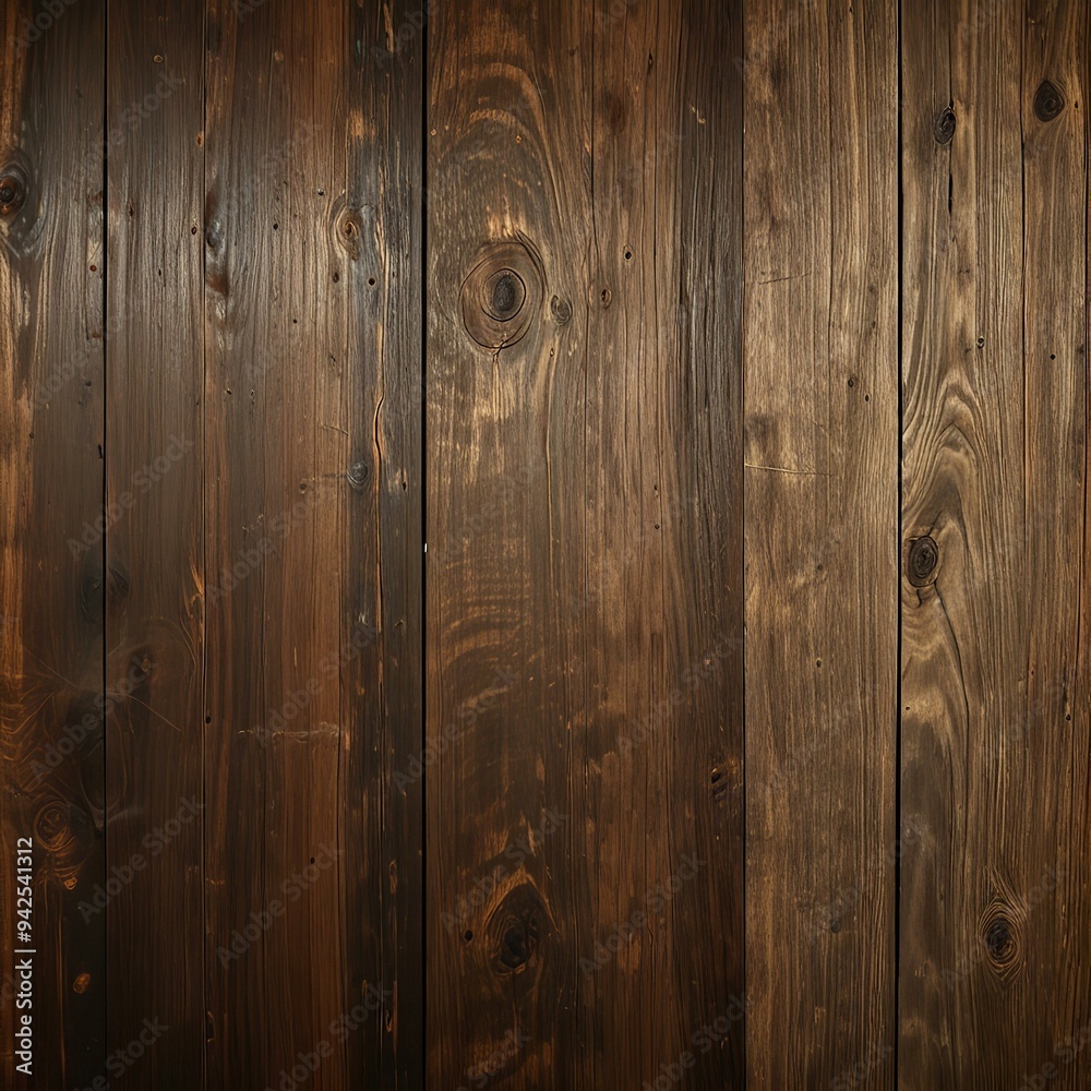 Close-up view of dark-stained wood planks with rich grain patterns and knots, exuding natural rustic charm. Close-up view of dark-stained wood planks with rich grain patterns and knots, exuding natural rustic charm.