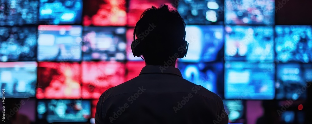 Technician in a control room, monitoring a battle close up, focus on vivid colors Double exposure silhouette with screens