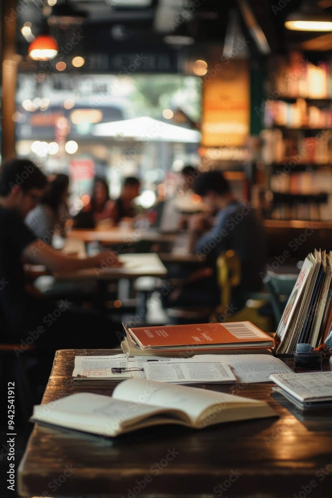 Obraz premium A student studying in a bustling café near their overseas university, with their textbooks and notes spread out, Generative AI