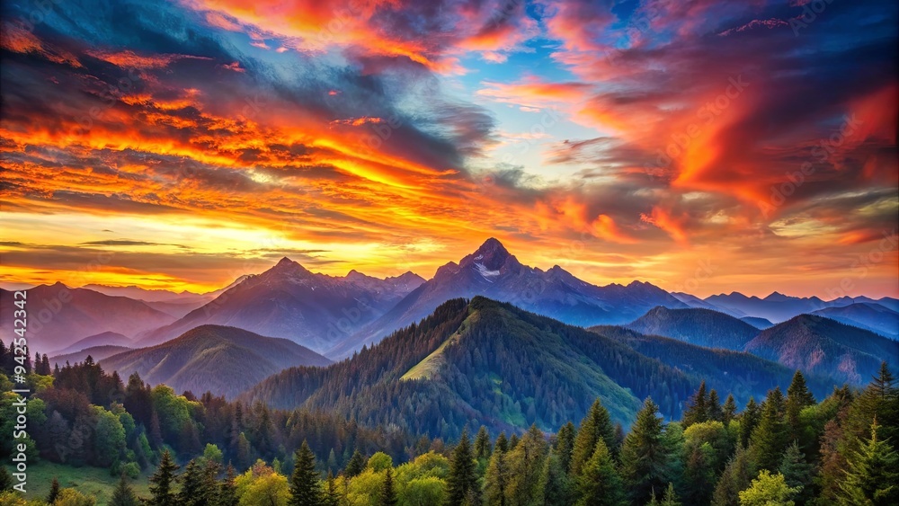Vibrant mountain sunset with colorful sky casting a majestic glow over the peaks and valleys Vibrant mountain sunset with colorful sky casting a majestic glow over the peaks and valleys