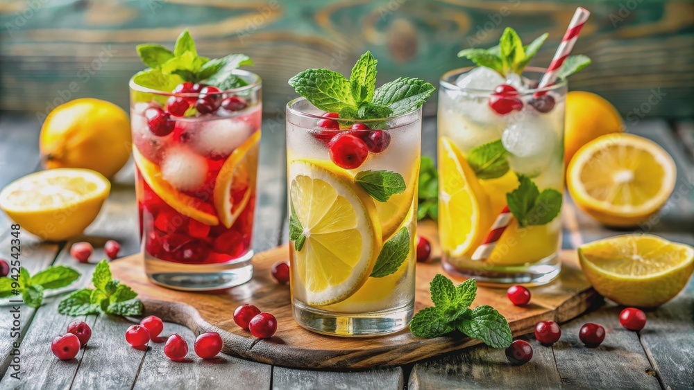 Refreshingly vibrant cocktails with lemon, mint, and cranberry served on a summery table , summer, cocktails, refreshing, lemon Refreshingly vibrant cocktails with lemon, mint, and cranberry served on a summery table , summer, cocktails, refreshing, lemon