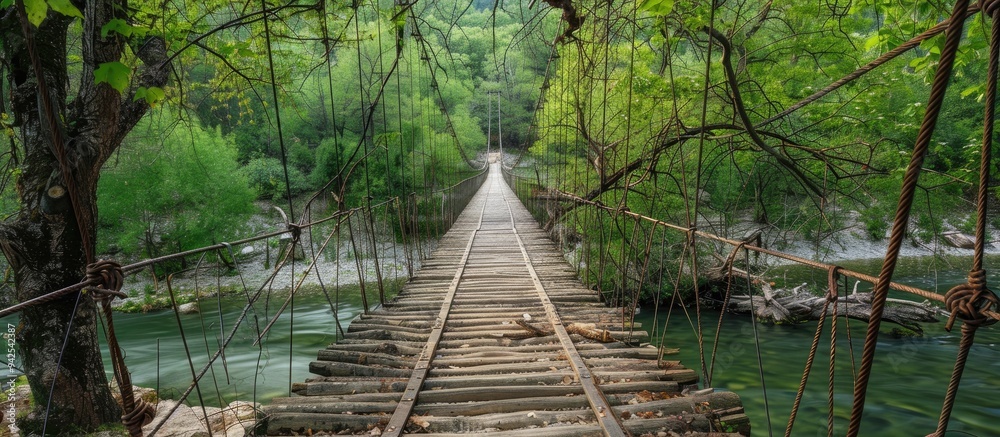 Obraz premium Wooden Suspension Bridge Over The Muddy Spring River