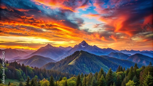 Vibrant mountain sunset with colorful sky casting a majestic glow over the peaks and valleys