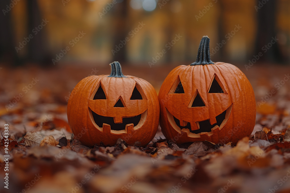 Charming Halloween pumpkins sit among autumn leaves, showcasing fun carved faces in a seasonal outdoor setting. Charming Halloween pumpkins sit among autumn leaves, showcasing fun carved faces in a seasonal outdoor setting.