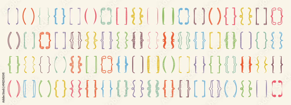 Shaded text brackets, colorful quotation box. Curly, square and corner parentheses. Vintage typographical symbol, calligraphic quote frame. Doodle, lettering element. Vector illustration Shaded text brackets, colorful quotation box. Curly, square and corner parentheses. Vintage typographical symbol, calligraphic quote frame. Doodle, lettering element. Vector illustration