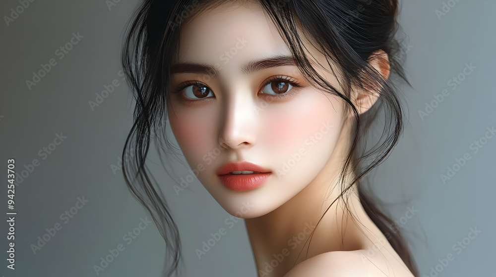Fototapeta premium Close-up portrait of a young woman with long black hair and natural makeup.