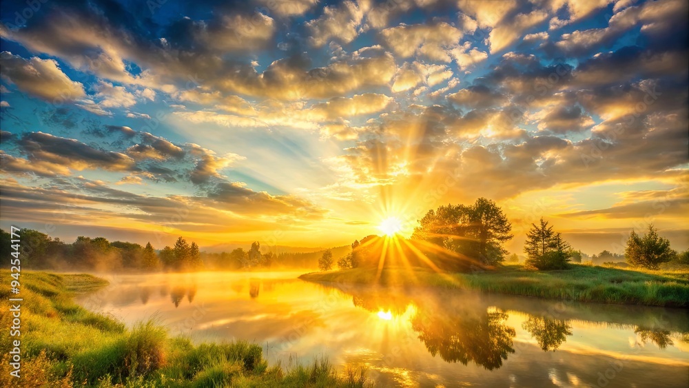 Morning sunlight casting a heavenly glow on nature, creating a picturesque scene with clear yellow skies Morning sunlight casting a heavenly glow on nature, creating a picturesque scene with clear yellow skies