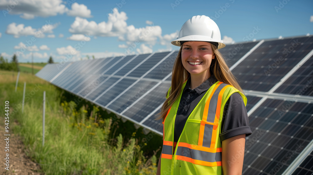 Smiling female engineer standing by solar panels in a sunny field Smiling female engineer standing by solar panels in a sunny field