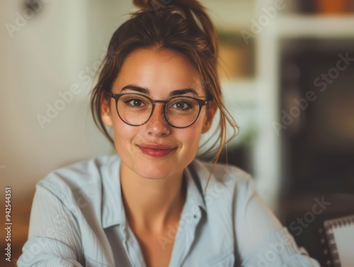 A smart young business woman with a confident smile stands in her modern office. She embodies success and approachability, exuding professionalism while looking directly into the camera.