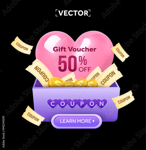 3d gift voucher with a pink heart balloon, many coupons and golden coins in a gift box, isolated on dark background. Giveaway coupon code banner template for big sale off valentine event. 3d vector