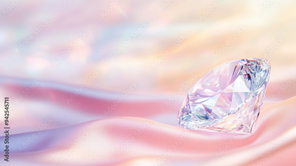 Large round diamond resting on soft pink satin fabric, illuminated by gentle light with a dreamy bokeh background. Large round diamond resting on soft pink satin fabric, illuminated by gentle light with a dreamy bokeh background.