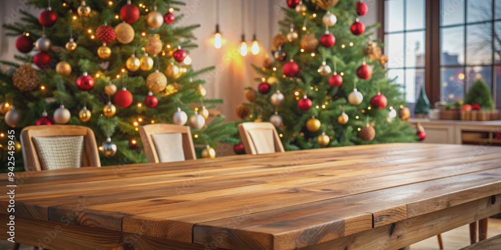 Wood dining table with space for text and decorated Christmas tree in the background, wood, dining table Wood dining table with space for text and decorated Christmas tree in the background, wood, dining table
