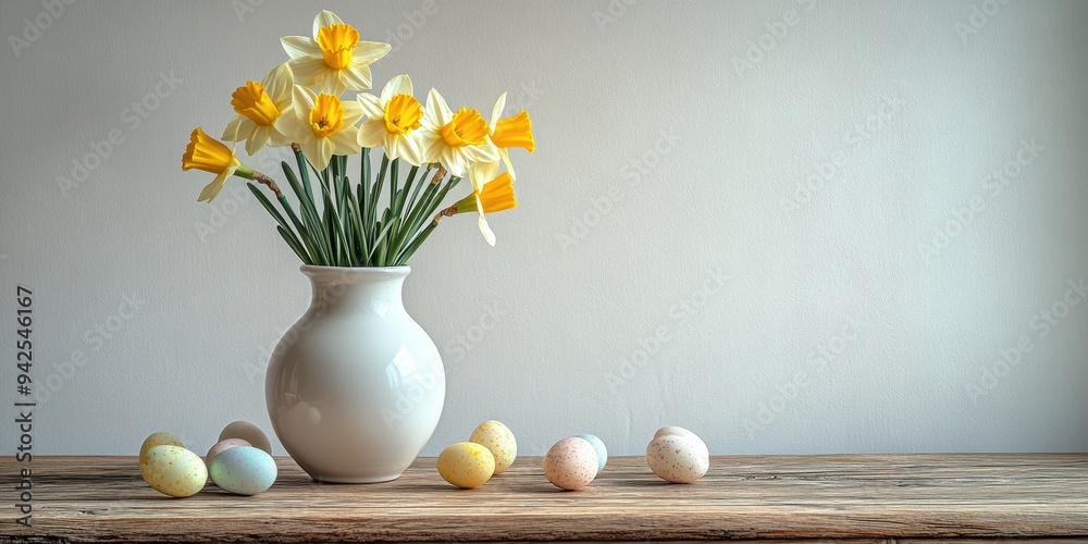 Vase of yellow daffodils with speckled Easter eggs on a rustic wooden table against a textured gray background. Fresh spring decor. Vase of yellow daffodils with speckled Easter eggs on a rustic wooden table against a textured gray background. Fresh spring decor.