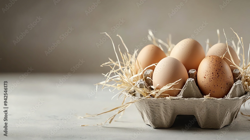 10 Organic eggs, in a carton with straw, 3D illustration 10 Organic eggs, in a carton with straw, 3D illustration