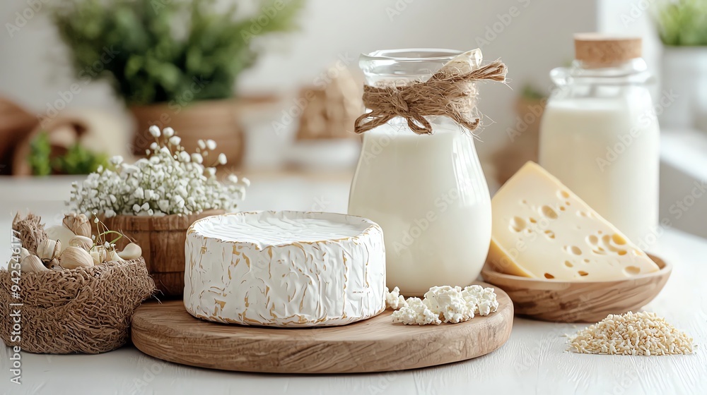 9 Organic dairy products, milk and cheese on wooden board, 3D illustration 9 Organic dairy products, milk and cheese on wooden board, 3D illustration