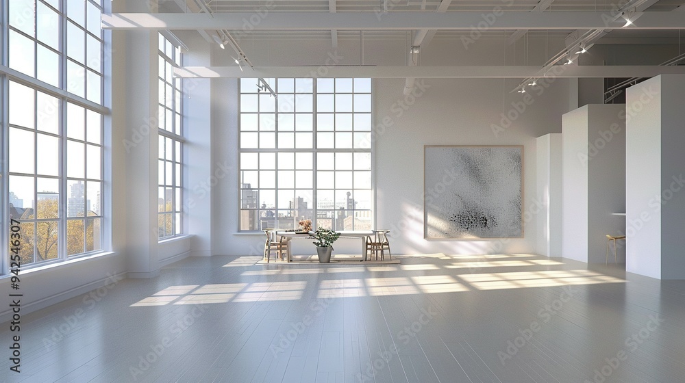 Fototapeta premium Loft Featuring Large Windows, White Walls, and a Blank Canvas: Perfect for Design Presentations