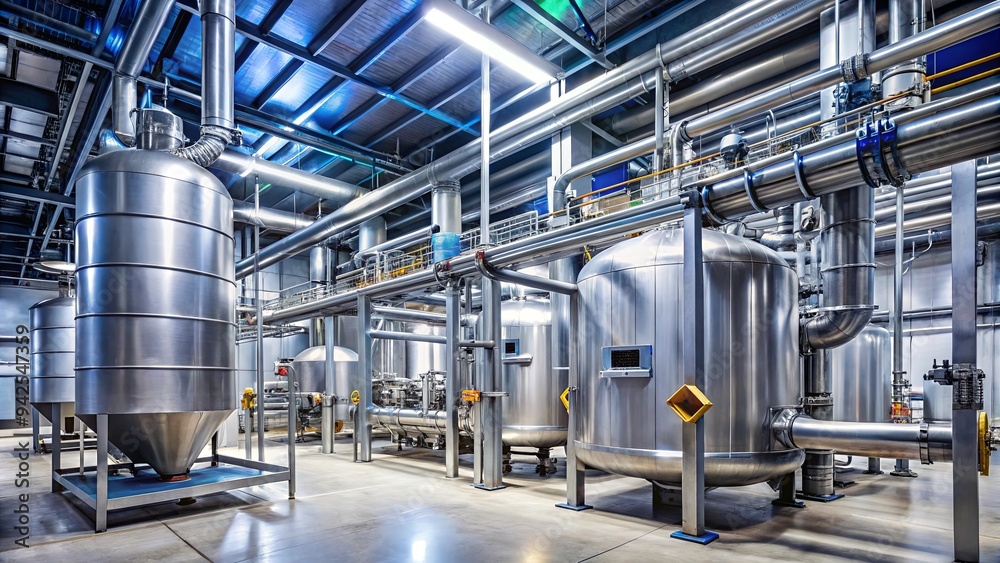 Interior of modern industrial boiler room with large metal tanks and pipes at industry factory