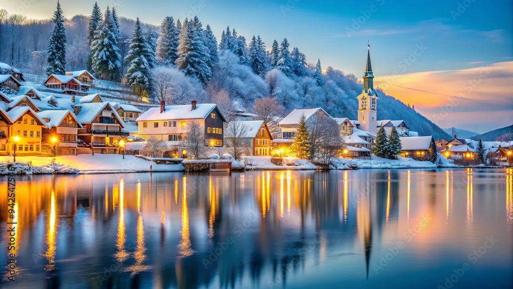 A charming snow-covered town by a frozen lake during Christmas, with a festive winter atmosphere