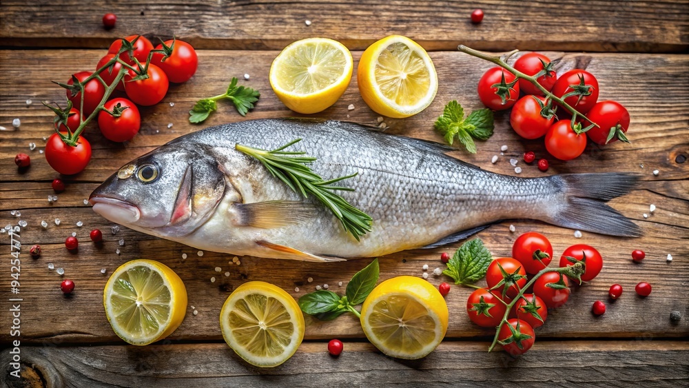Fresh fish garnished with lemon and tomatoes, sprinkled with a mix of aromatic spices on a rustic wooden background Fresh fish garnished with lemon and tomatoes, sprinkled with a mix of aromatic spices on a rustic wooden background